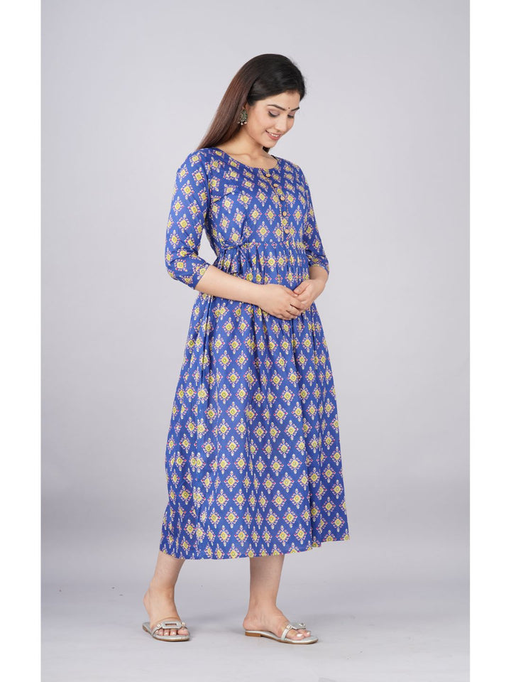 Blue-Cotton-Maternity-Baby-Feeding-Dress