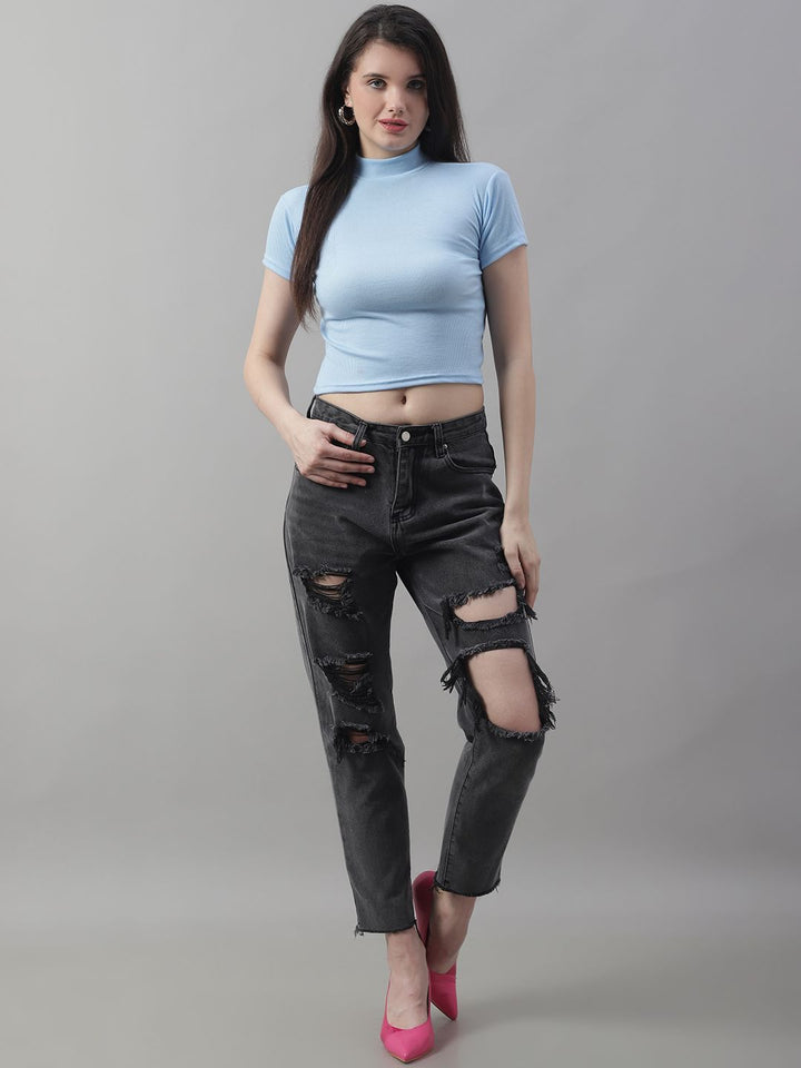 Blue Cotton Turtle-Neck Half-Sleeve Crop Top