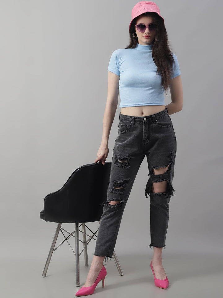 Blue Cotton Turtle-Neck Half-Sleeve Crop Top