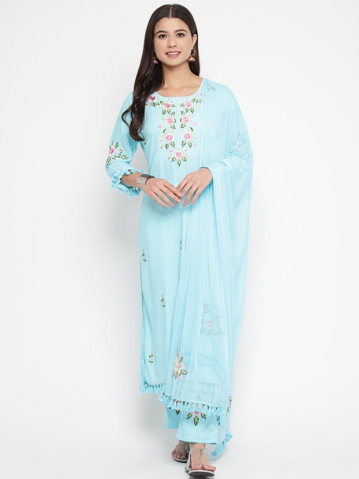 Blue Embroidered Kurta With Trousers Dupatta