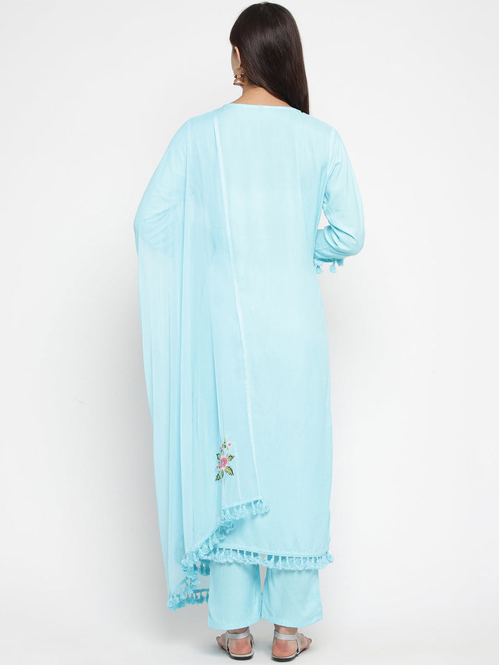 Blue Embroidered Kurta With Trousers Dupatta