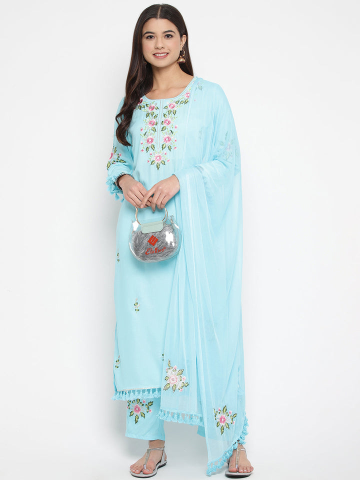 Blue Embroidered Kurta With Trousers Dupatta