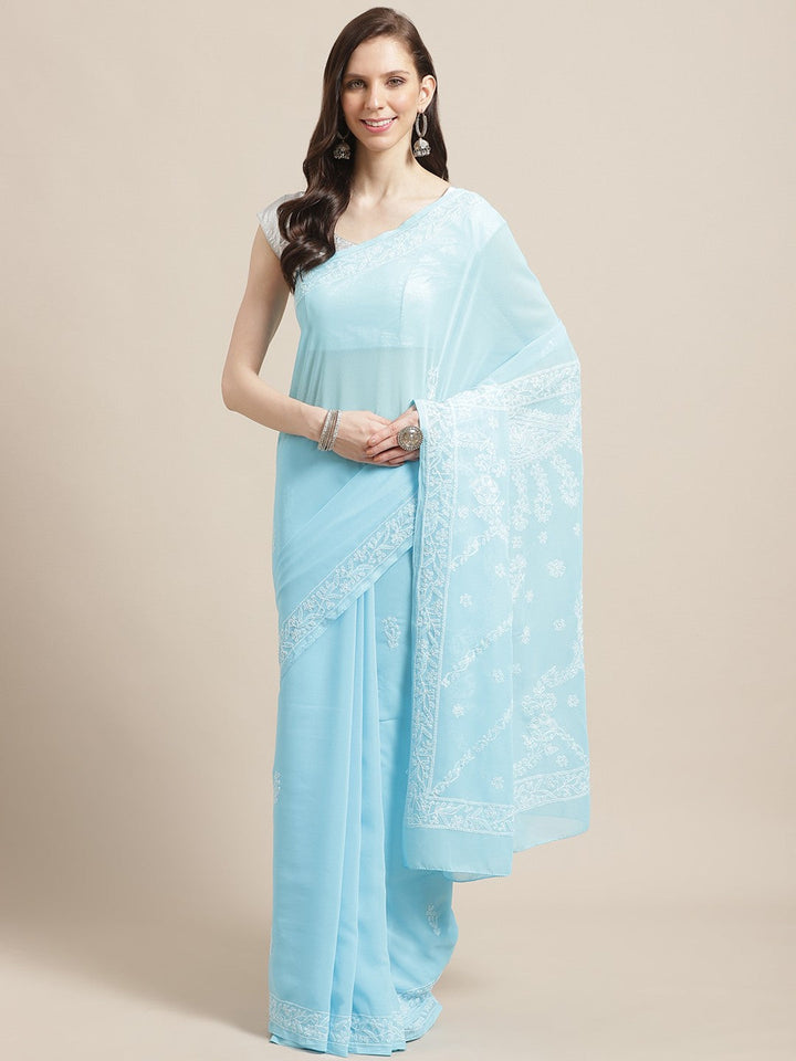 Blue-Embroidered-Saree-With-Blouse