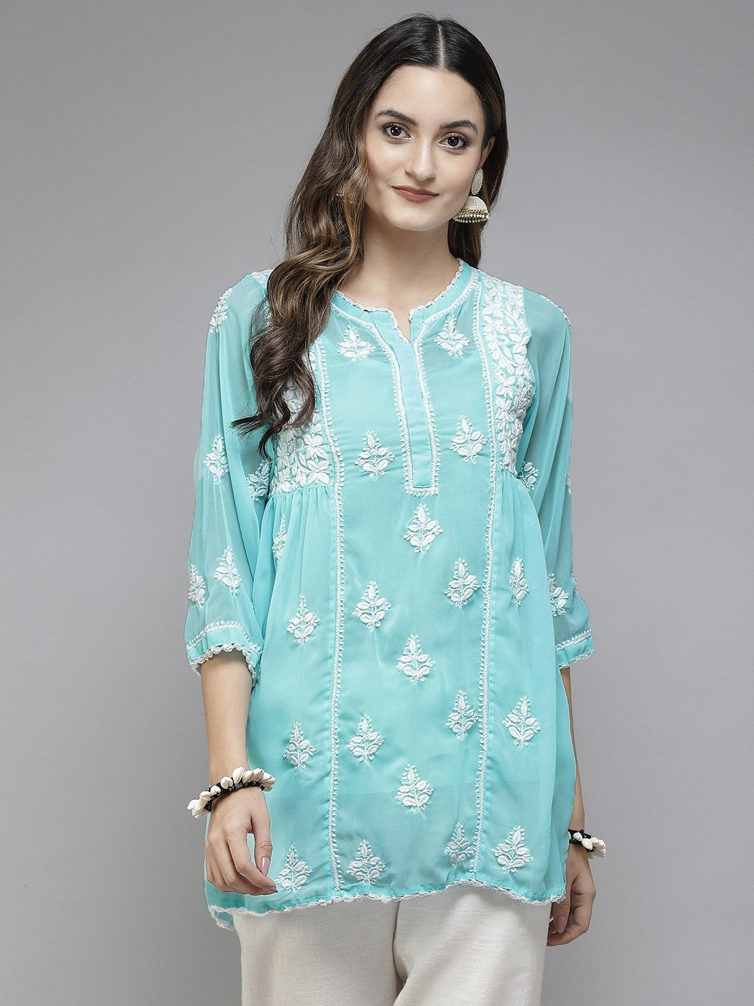 Blue-Faux-Georgette-Chikan-Kurti-Only