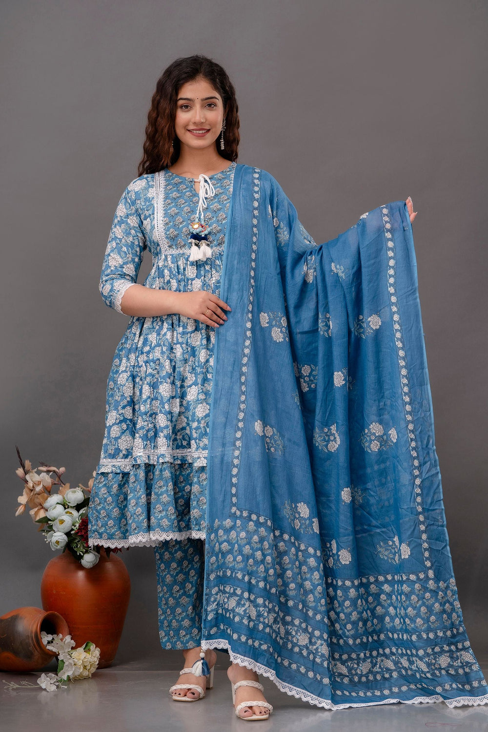 Blue-Floral-Printed-Mirror-Work-Pure-Cotton-Anarkali-Set