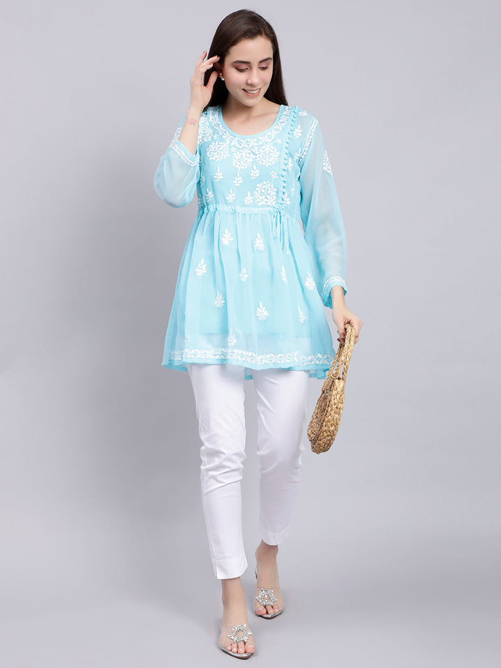 Blue Georgette Angarkha Chikankari Tunic Top With Slip