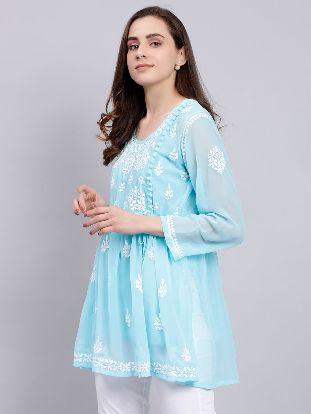 Blue Georgette Angarkha Chikankari Tunic Top With Slip