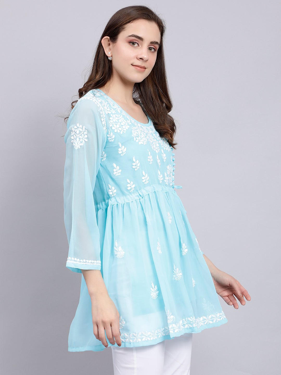 Blue Georgette Angarkha Chikankari Tunic Top With Slip