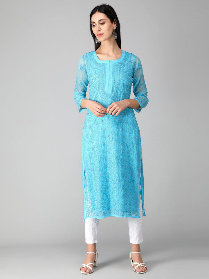 Blue-Georgette-Chikan-Kurta-with-Slip