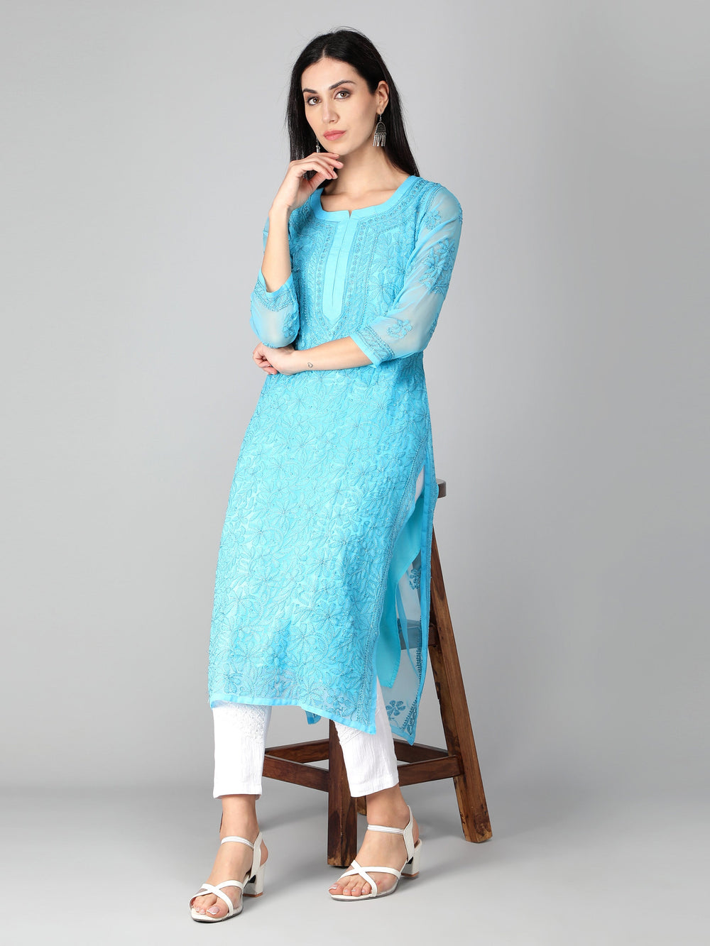 Blue-Georgette-Chikan-Kurta-with-Slip