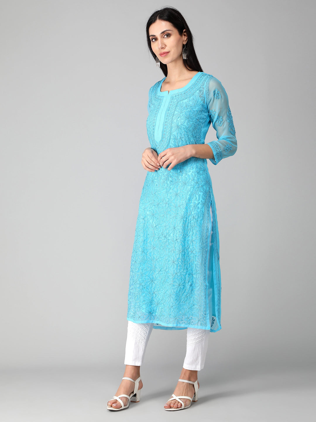 Blue-Georgette-Chikan-Kurta-with-Slip