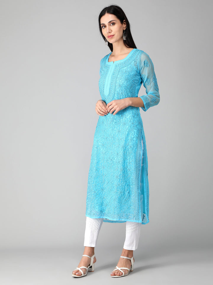 Blue-Georgette-Chikan-Kurta-with-Slip