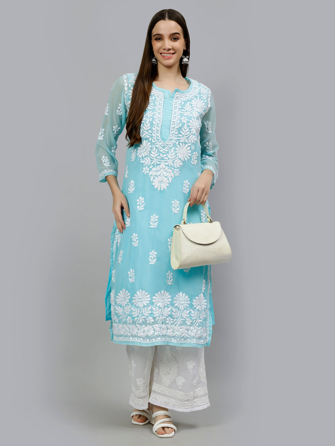 Blue-Georgette-Embroidered-Lucknowi-Chikankari-Kurta-with-Slip