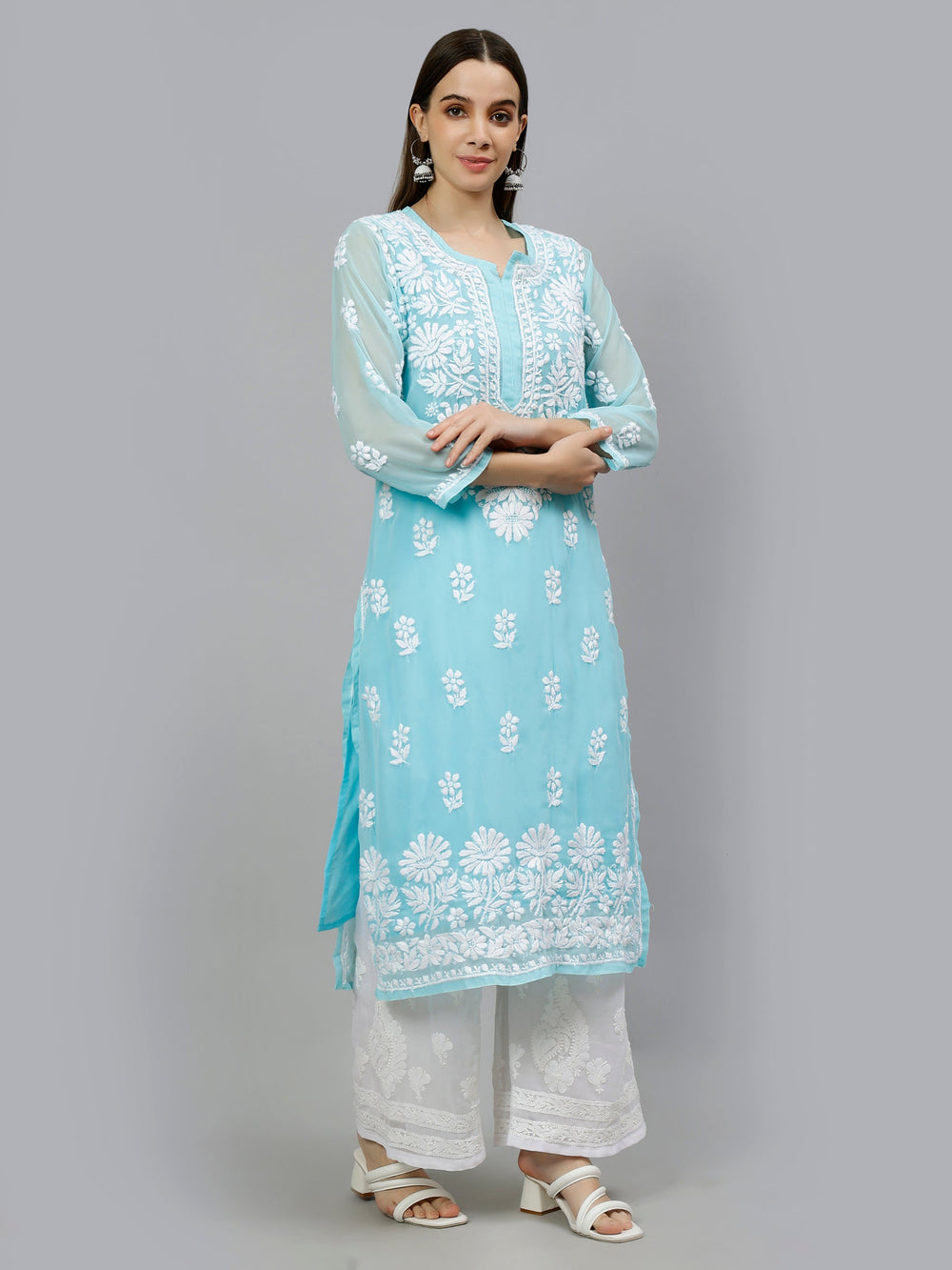 Blue-Georgette-Embroidered-Lucknowi-Chikankari-Kurta-with-Slip