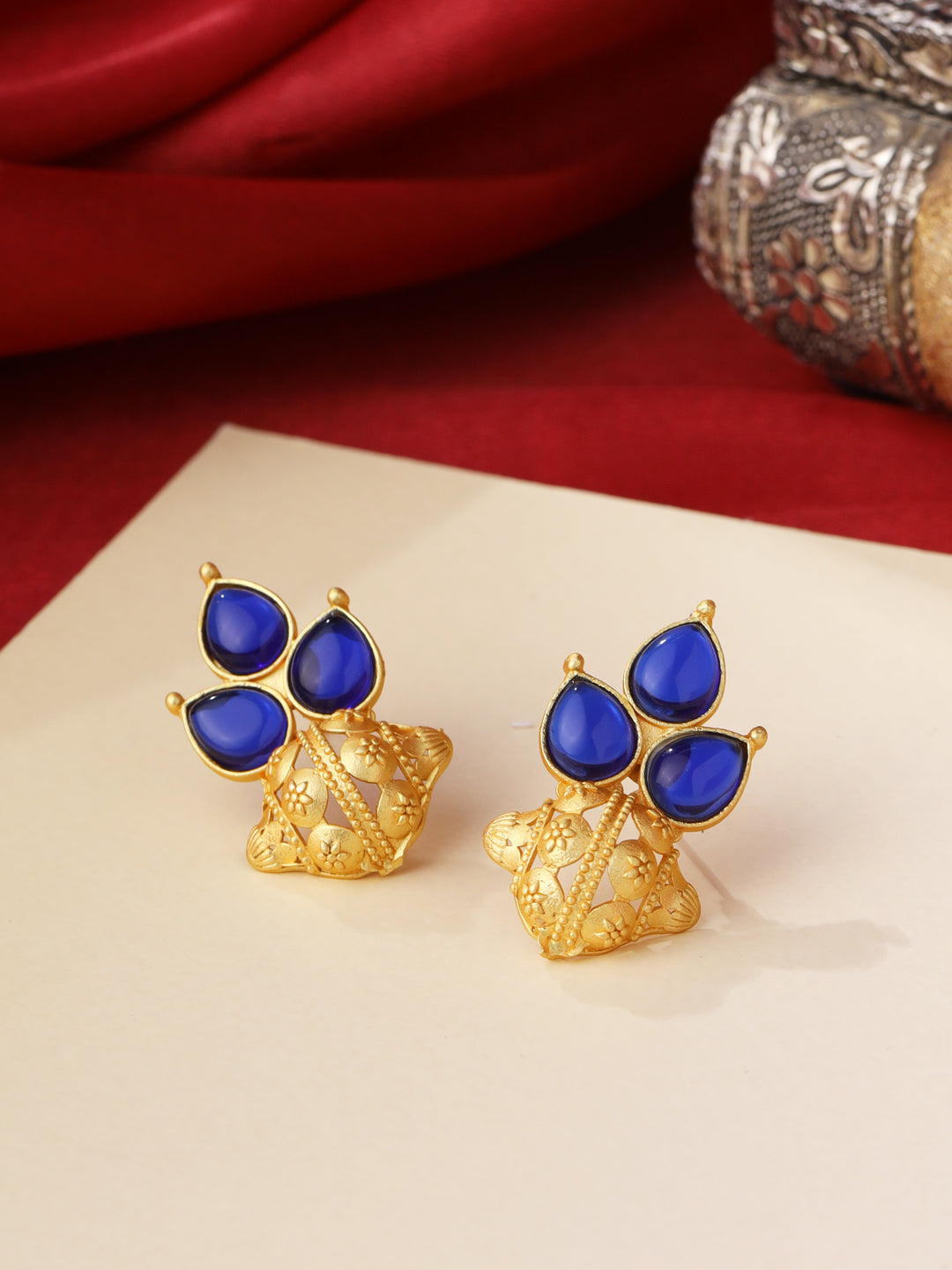 Blue-Gold-Matte-Brass-Stud-Earrings