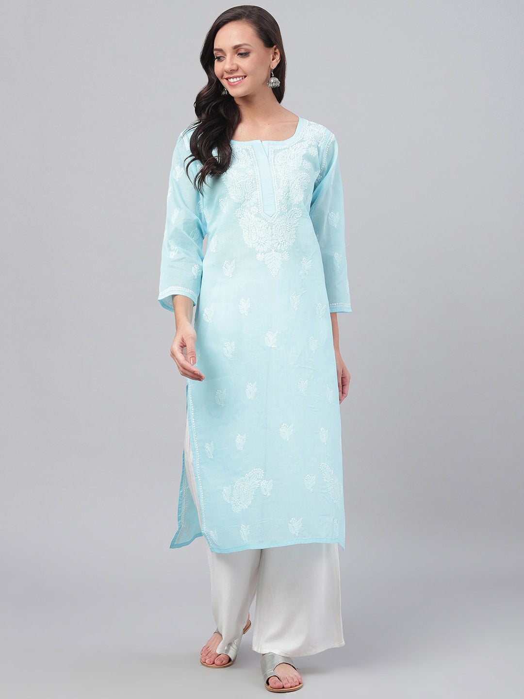 Blue-Hand-Embroidered-Chikankari-Kurta