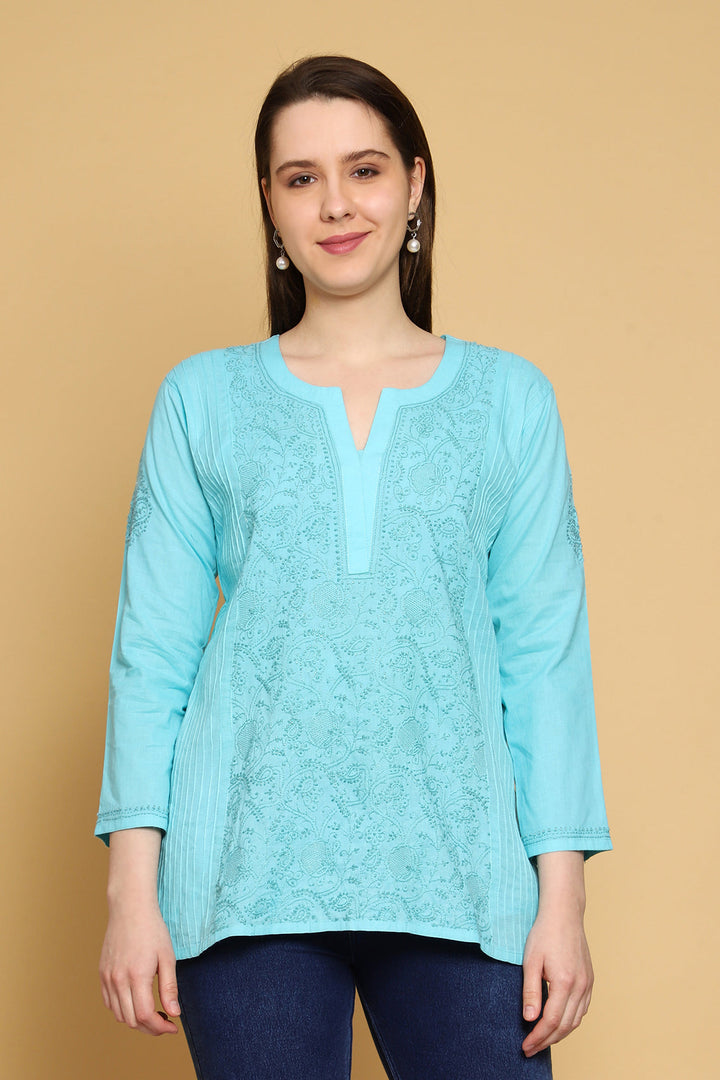 Blue Hand Embroidered Chikankari Side-Pleated Tunic Top