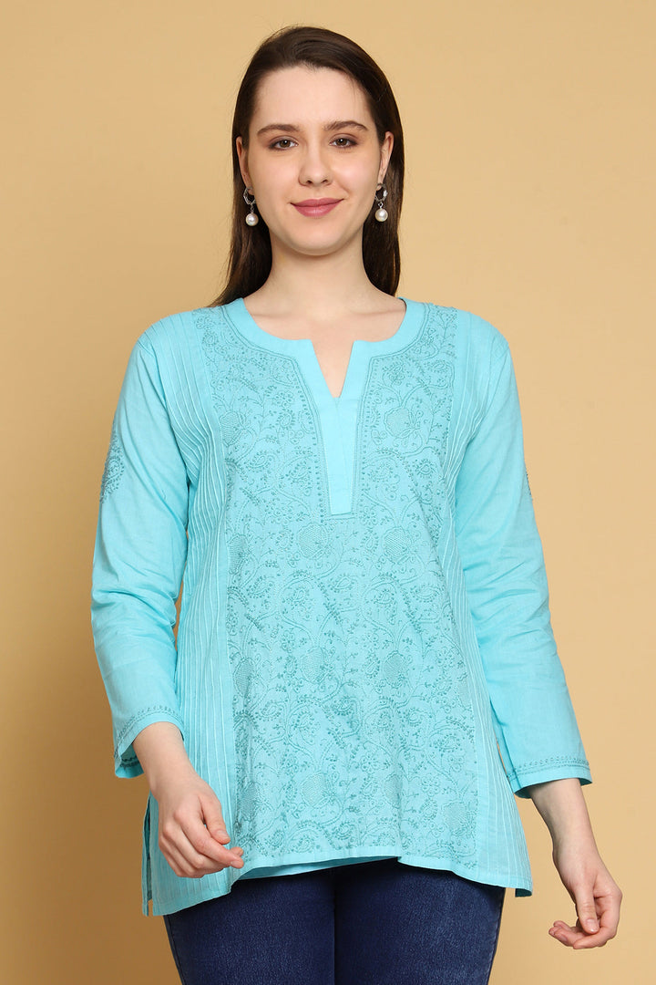 Blue Hand Embroidered Chikankari Side-Pleated Tunic Top