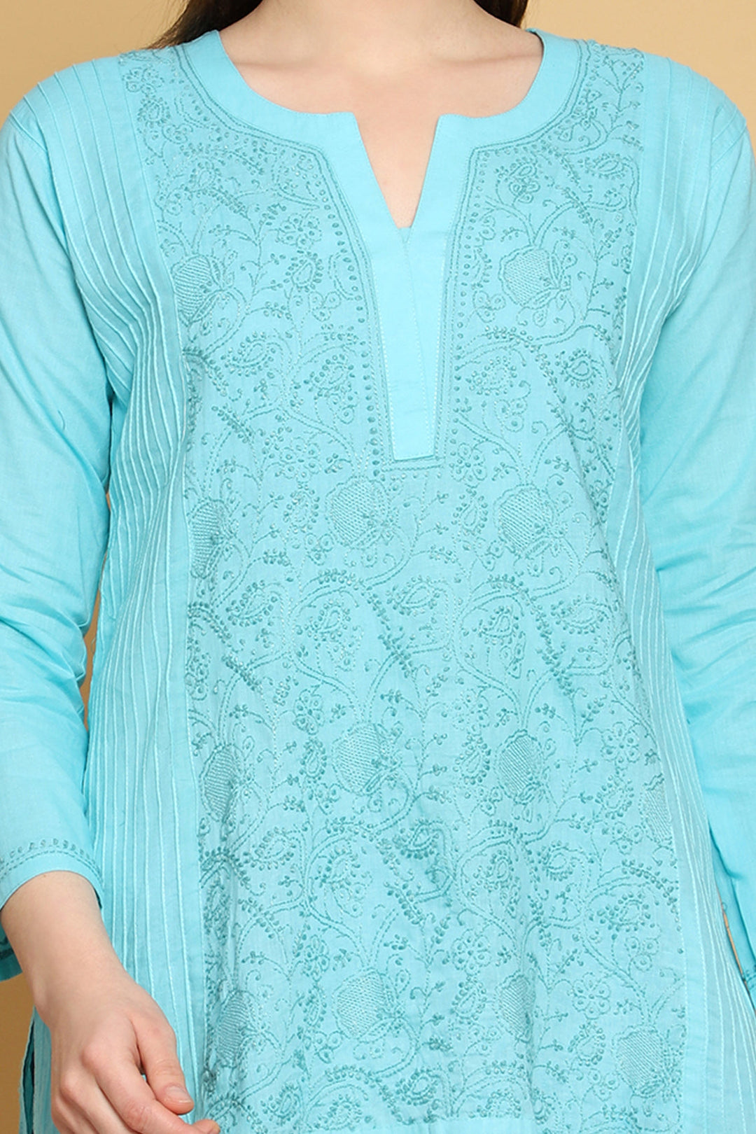 Blue Hand Embroidered Chikankari Side-Pleated Tunic Top