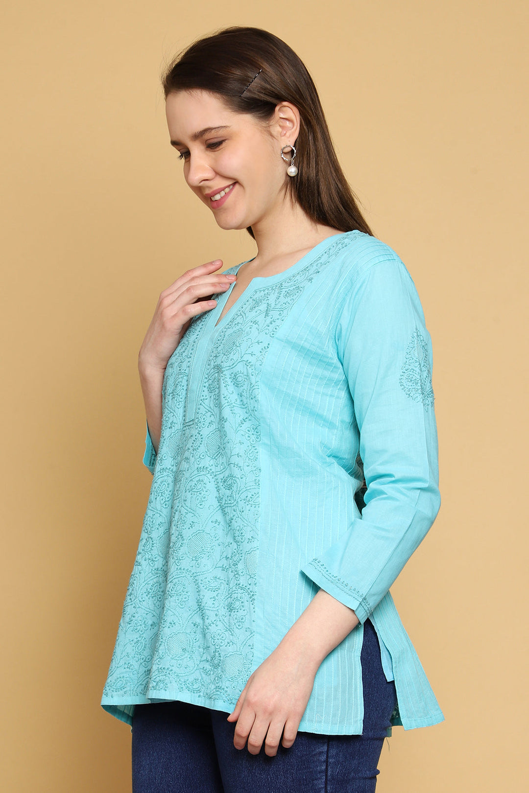 Blue Hand Embroidered Chikankari Side-Pleated Tunic Top