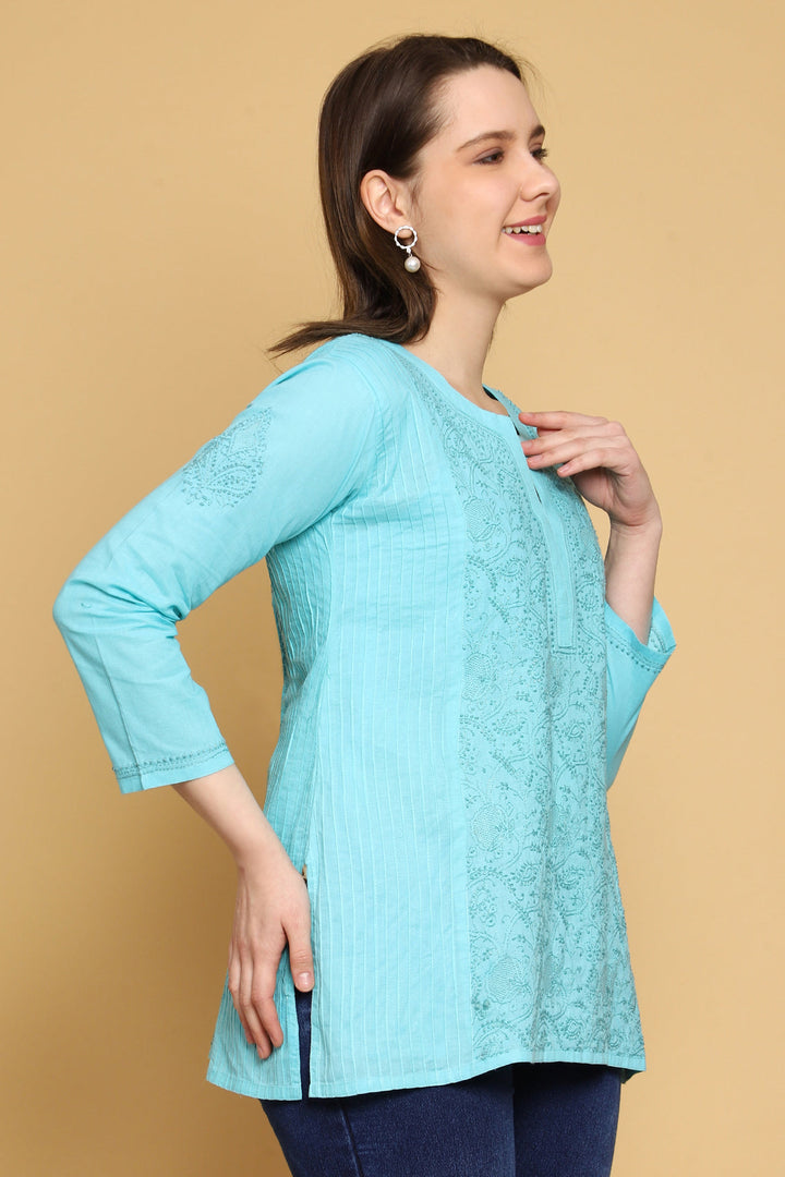 Blue Hand Embroidered Chikankari Side-Pleated Tunic Top