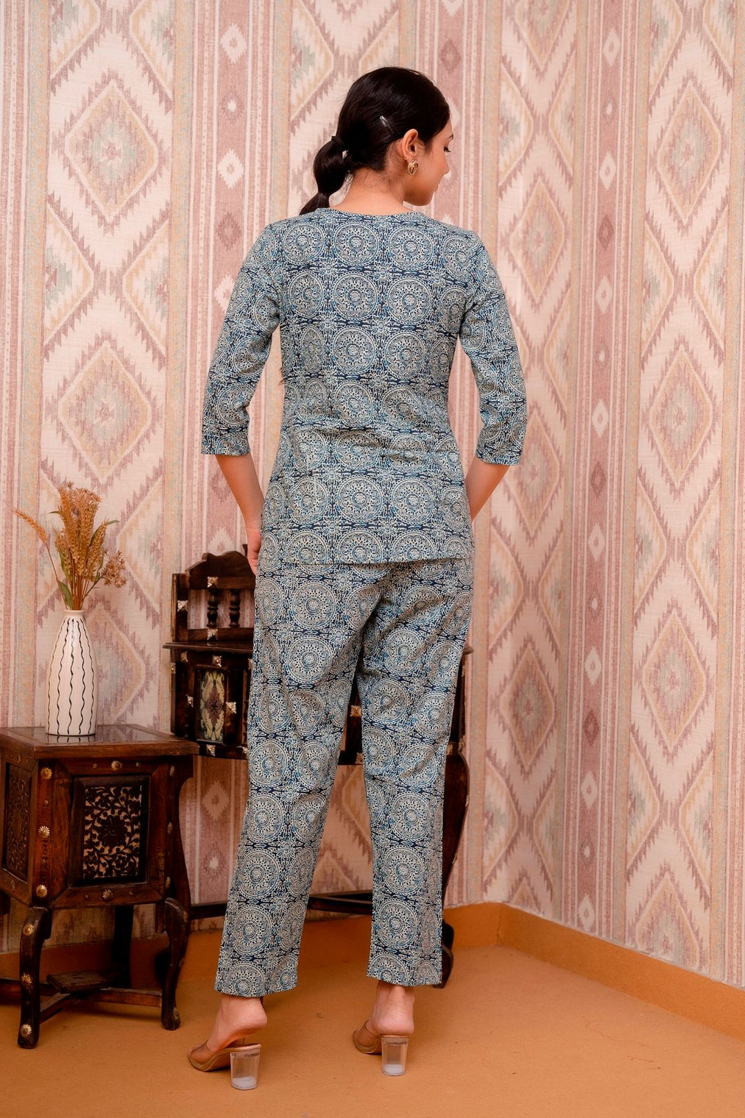 Blue-Handblock-Printed-Long-A-line-Cotton-Night-Suit
