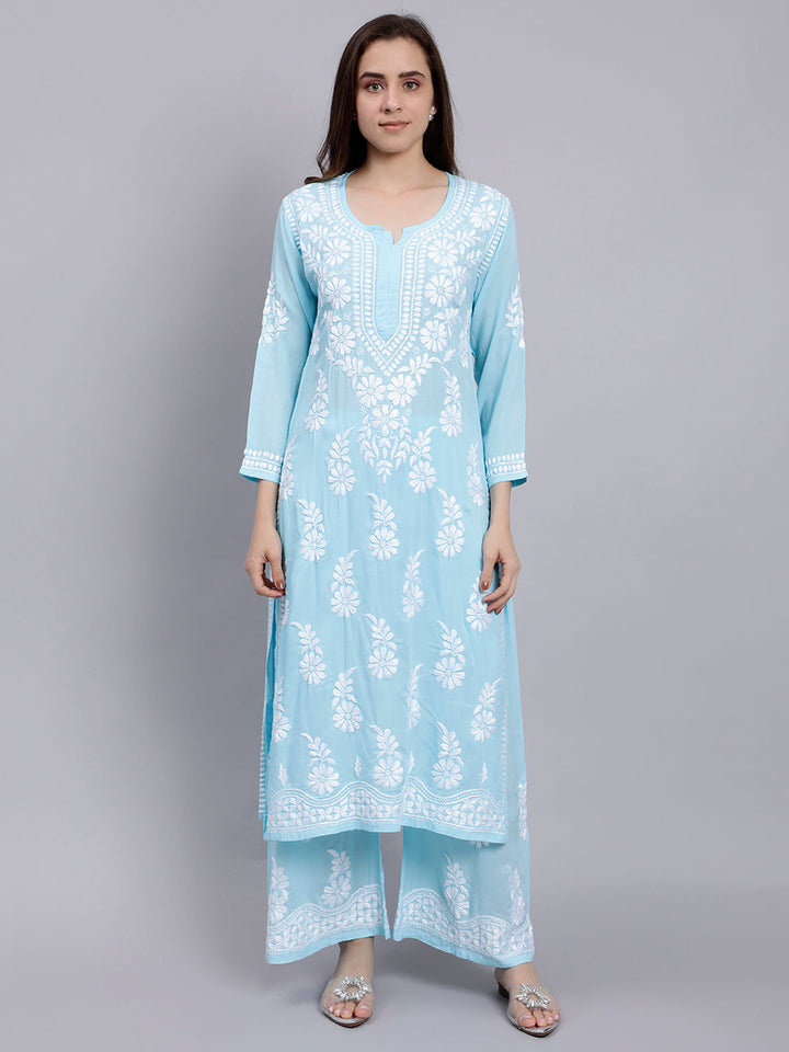 Blue Modal Cotton Chikankari Kurta With Palazzo Set