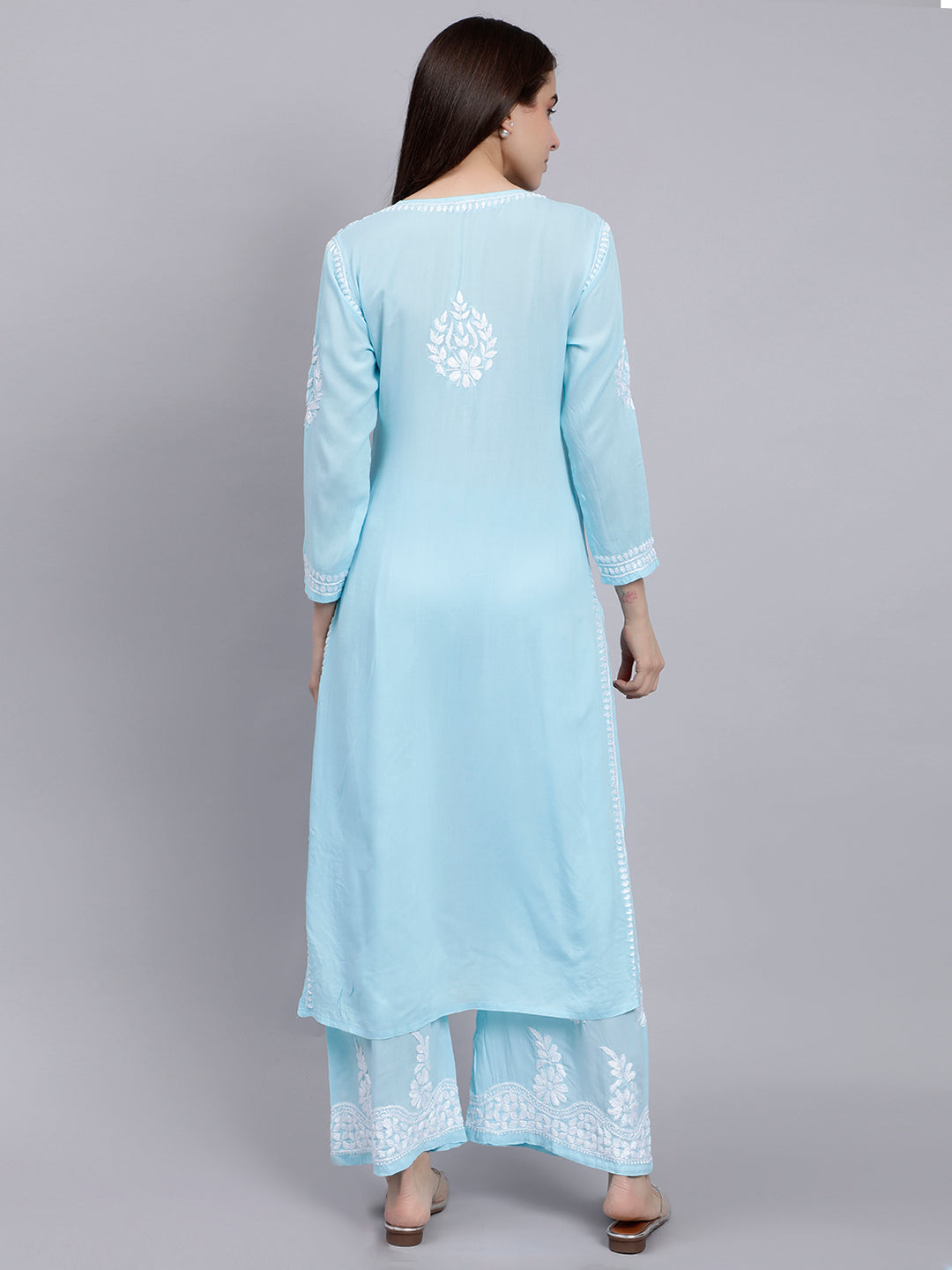 Blue Modal Cotton Chikankari Kurta With Palazzo Set