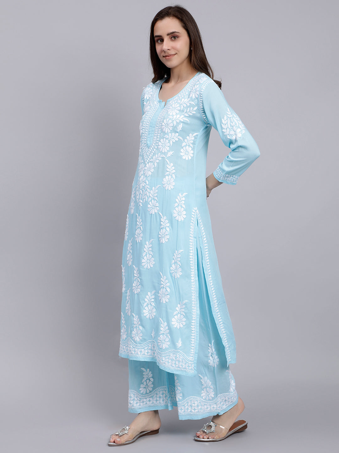 Blue Modal Cotton Chikankari Kurta With Palazzo Set