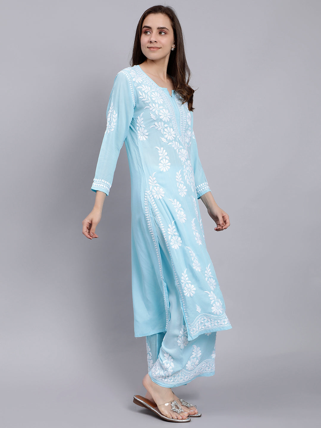 Blue Modal Cotton Chikankari Kurta With Palazzo Set