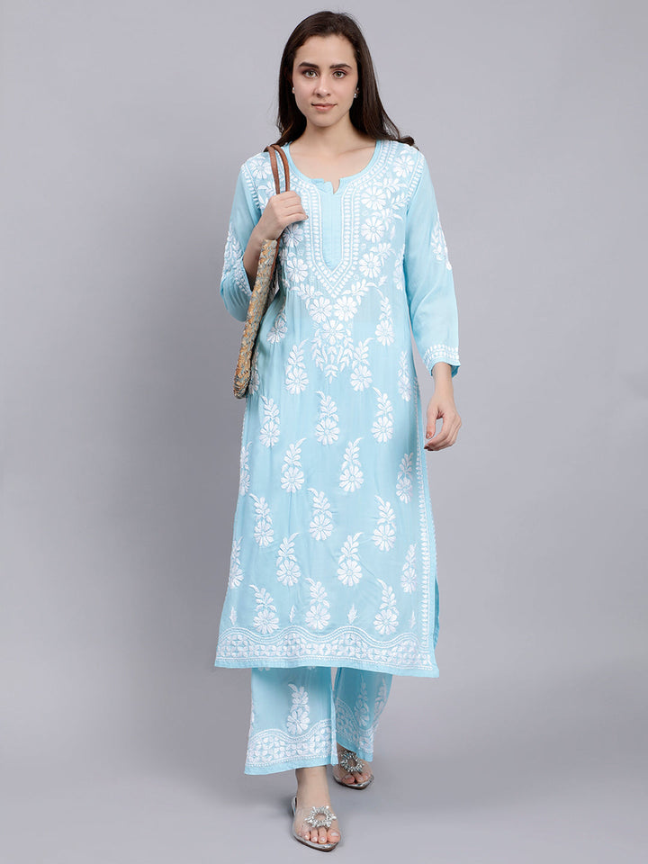 Blue Modal Cotton Chikankari Kurta With Palazzo Set