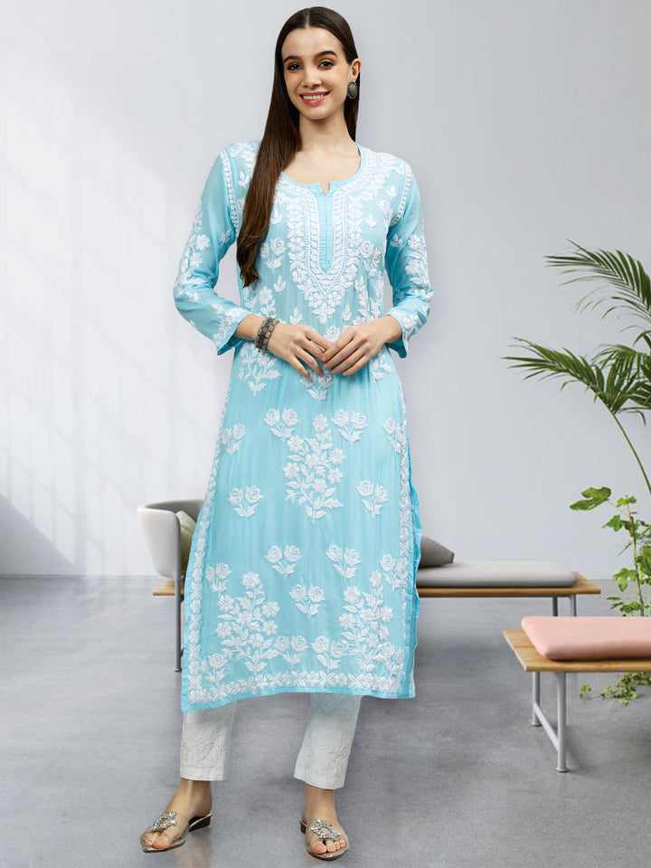 Blue-Modal-Hand-Embroidered-Chikankari-Kurti