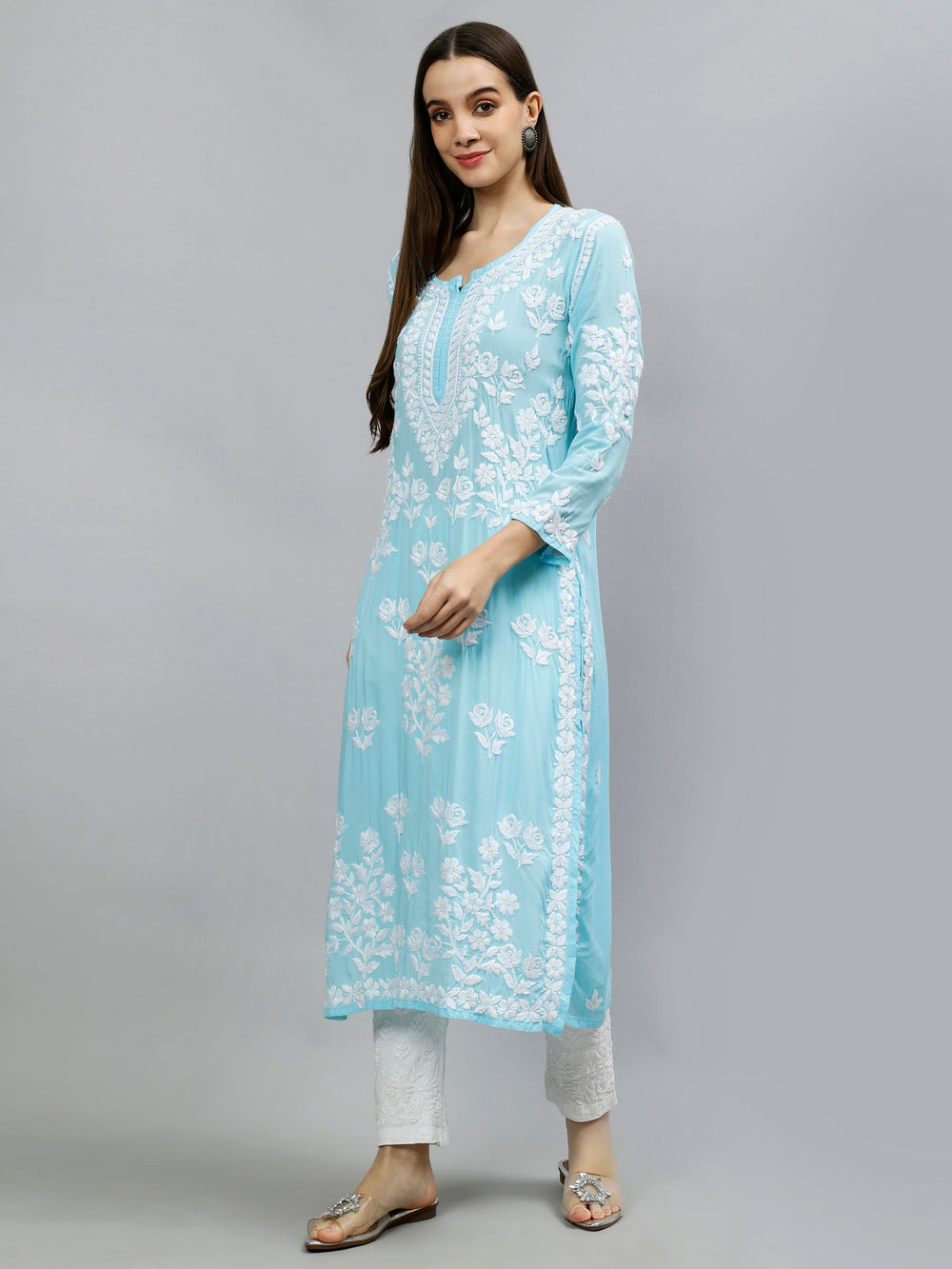 Blue-Modal-Hand-Embroidered-Chikankari-Kurti