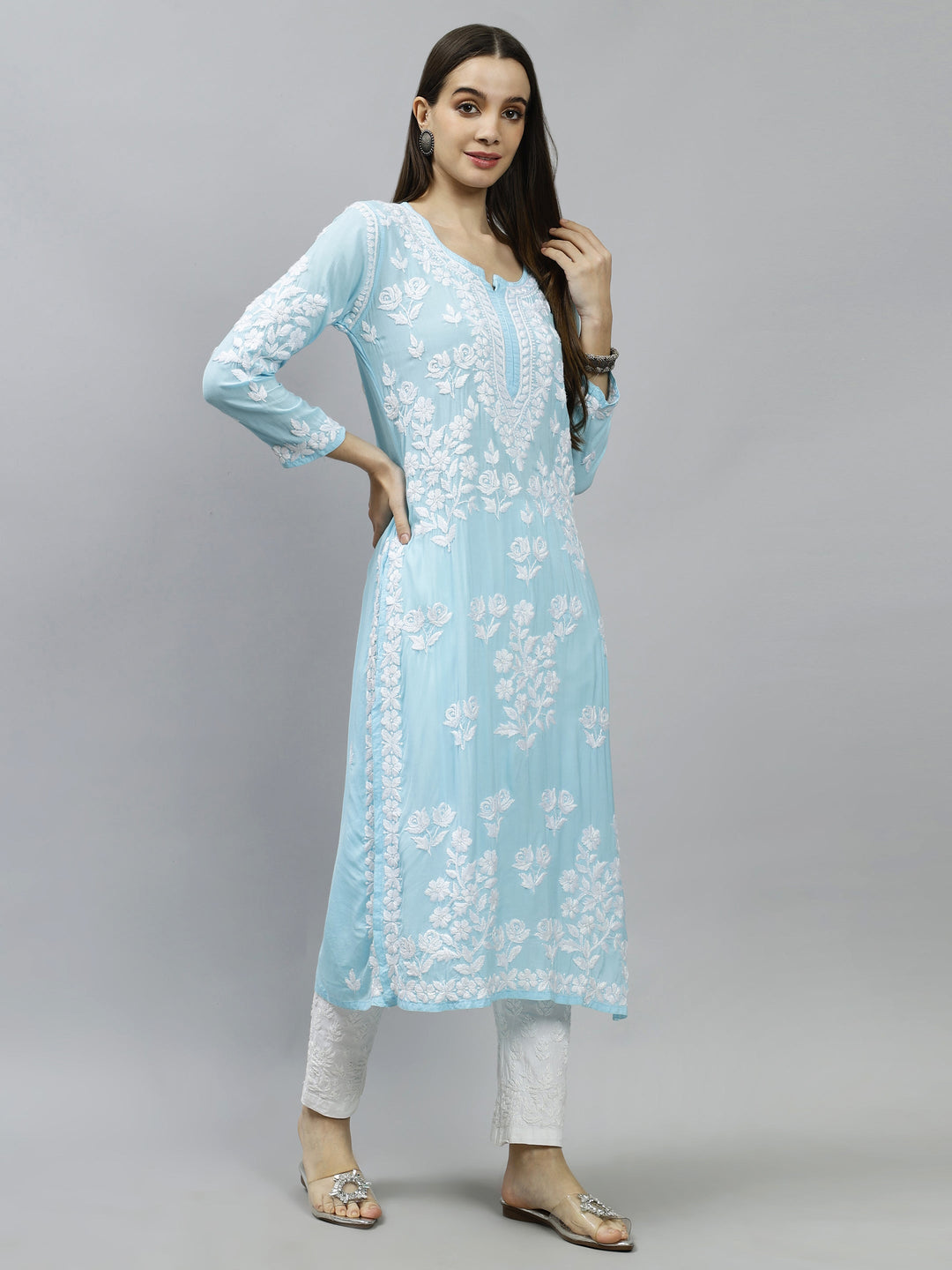 Blue-Modal-Hand-Embroidered-Chikankari-Kurti