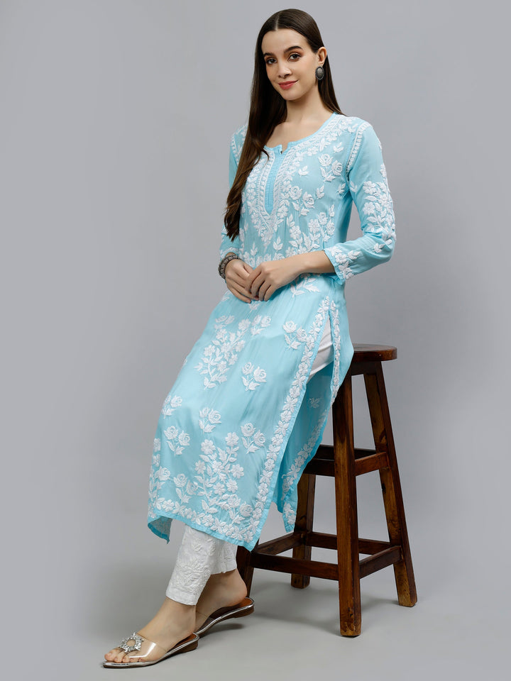 Blue-Modal-Hand-Embroidered-Chikankari-Kurti