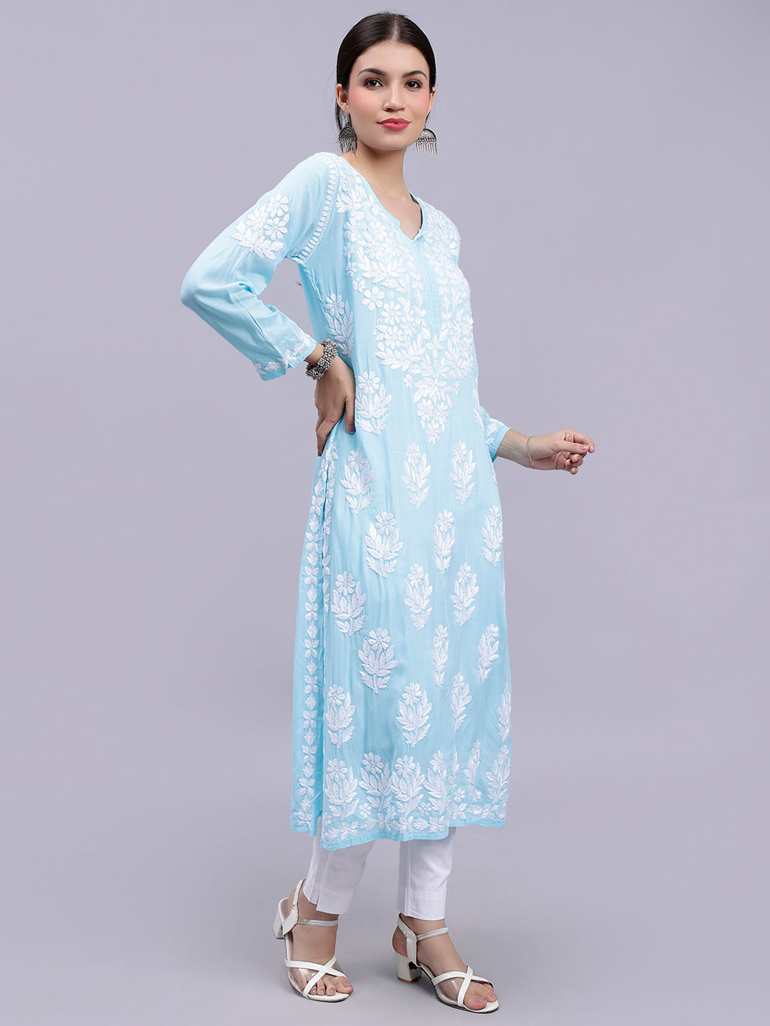 Blue Modal Handwoven Chikankari Kurti