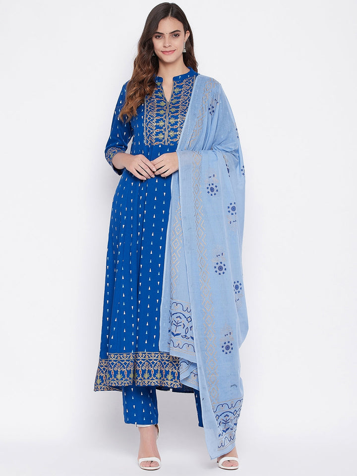 Blue Printed Kurta With Trousers With Dupatta