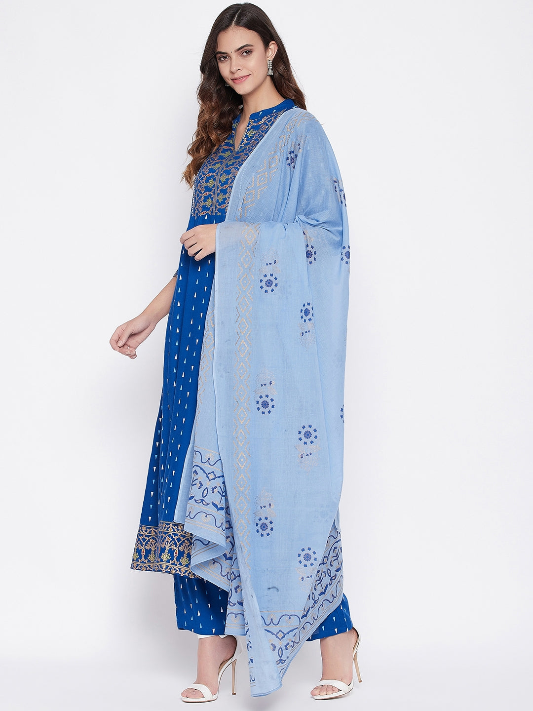 Blue Printed Kurta With Trousers With Dupatta