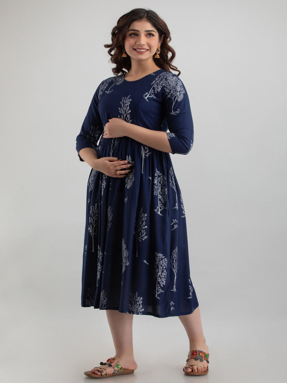 Blue Printed Rayon Maternity Kurta Only