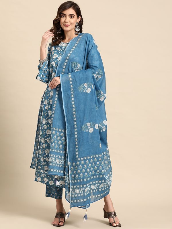 Blue-Printed-Regular-Thread-Work-Cotton-3-Piece-Kurta-Set