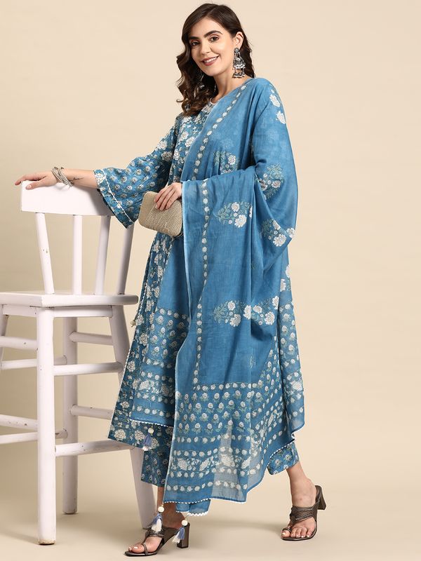 Blue-Printed-Regular-Thread-Work-Cotton-3-Piece-Kurta-Set