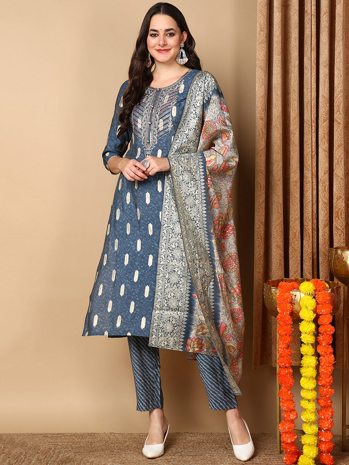 Blue Silk Blend Ethnic Motifs Embroidered Straight Kurta Trouser With Dupatta