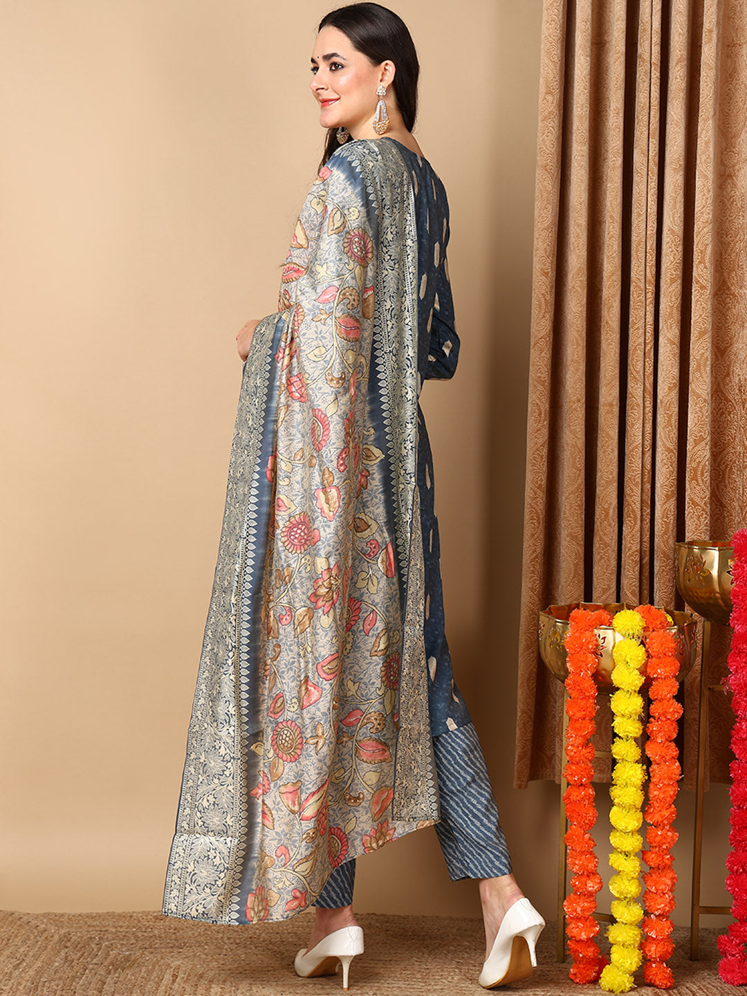 Blue Silk Blend Ethnic Motifs Embroidered Straight Kurta Trouser With Dupatta