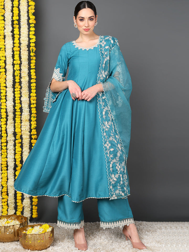 Blue Silk Blend Solid Embroidered Flared Kurta Trouser With Dupatta