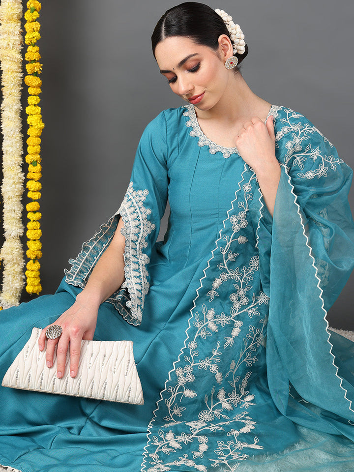 Blue Silk Blend Solid Embroidered Flared Kurta Trouser With Dupatta