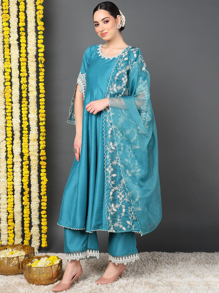Blue Silk Blend Solid Embroidered Flared Kurta Trouser With Dupatta
