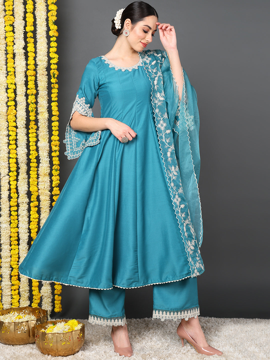 Blue Silk Blend Solid Embroidered Flared Kurta Trouser With Dupatta