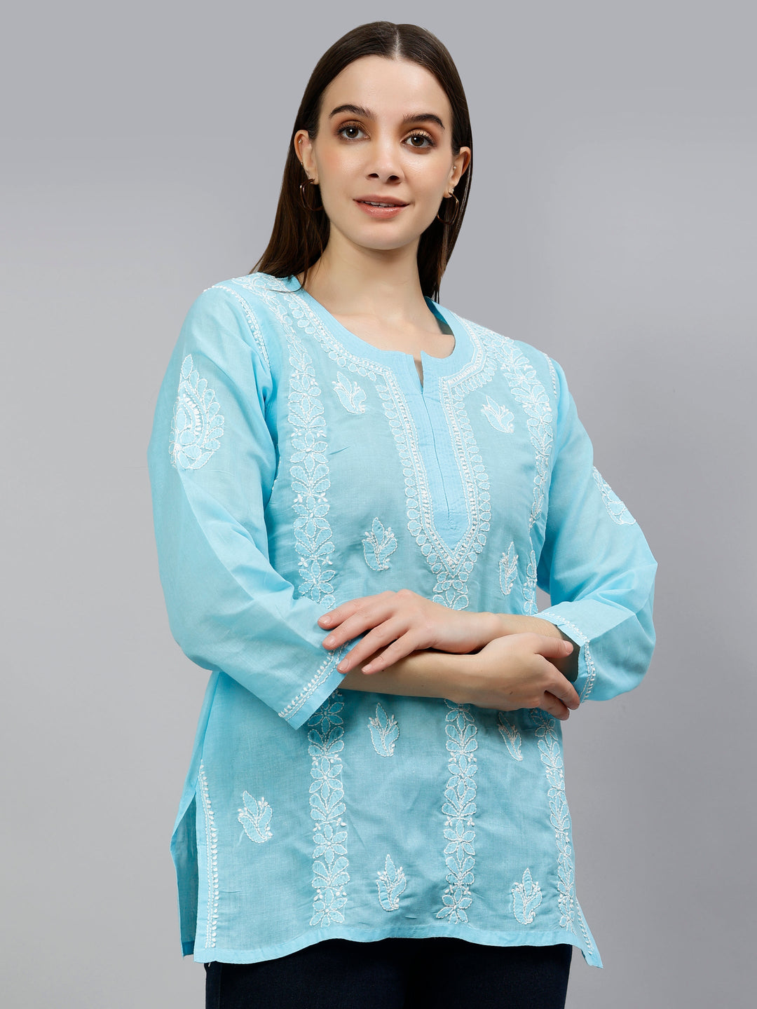 Blue Terivoil Cotton Lucknowi Chikankari Short Tunic