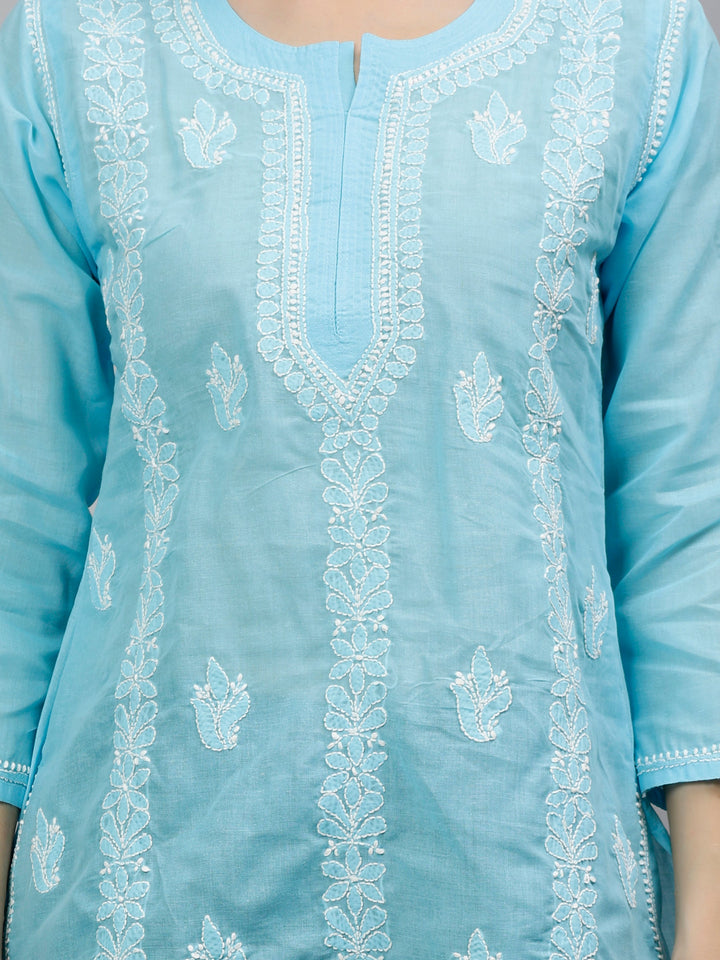 Blue Terivoil Cotton Lucknowi Chikankari Short Tunic