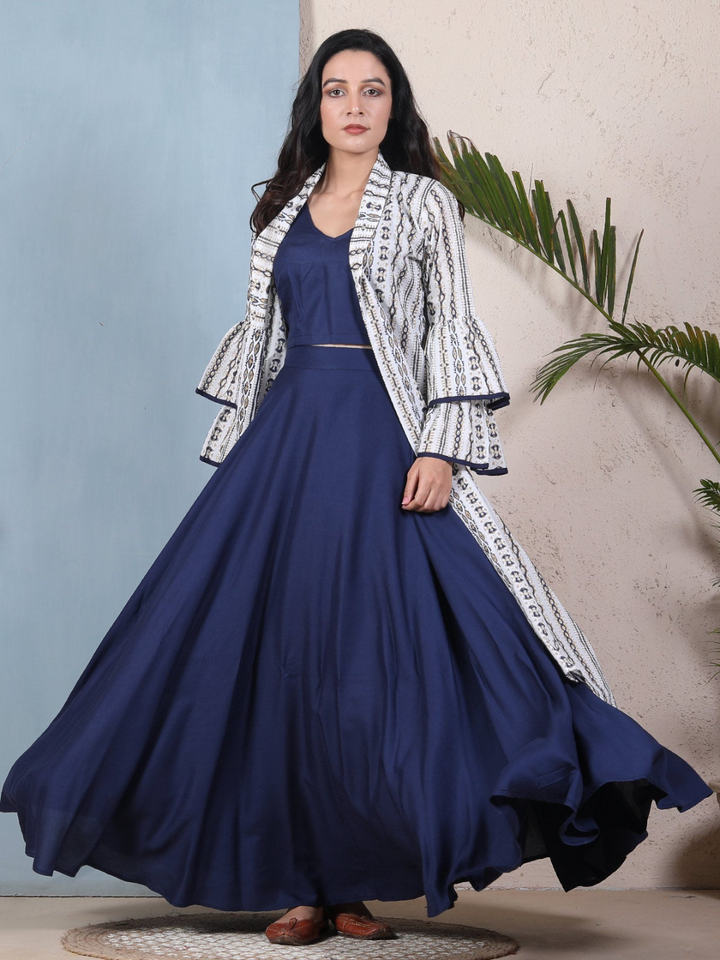 Blue Top Skirt Set With Bell Sleeves Shrug